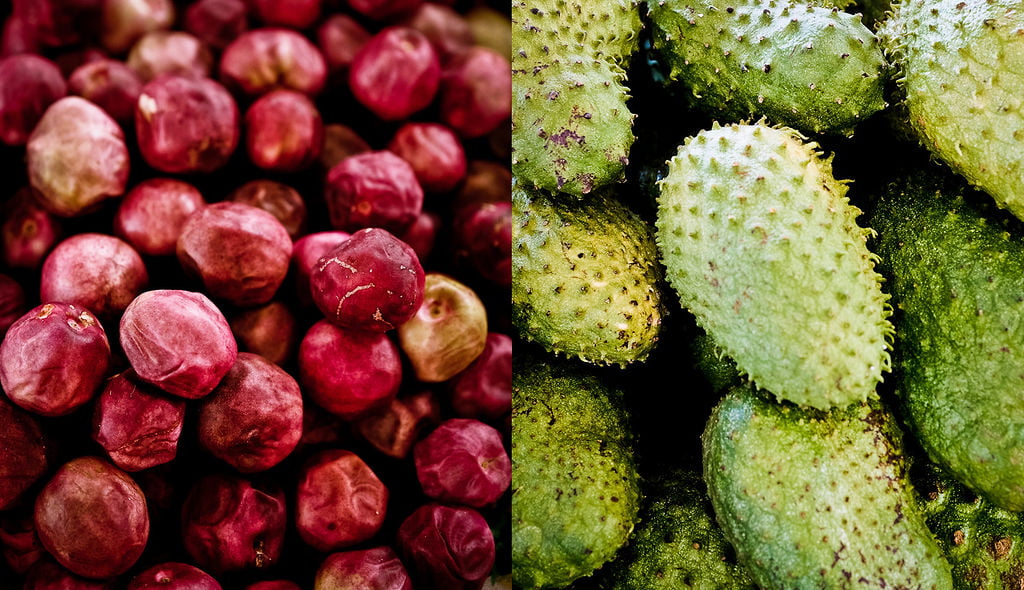 A collage of smooth skinned passionfruit and spikey bread fruit at Soufriere market St Lucia