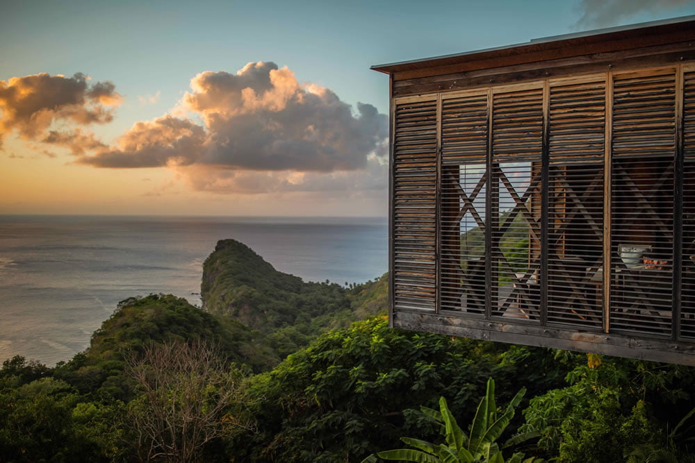 Sunset at Cosmos St Lucia, showing the Cantilever living space in The Villa