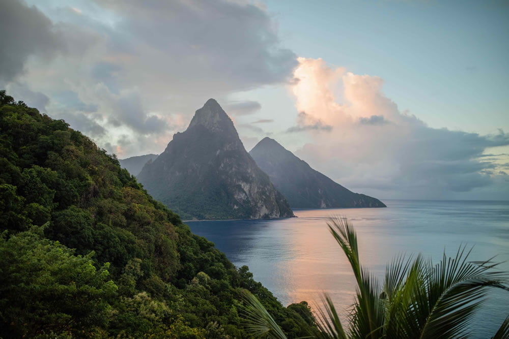 The Pitons at sunset as seen from the Cosmos St Lucia, with a hillside to the left of the image and palm tree fronds in front