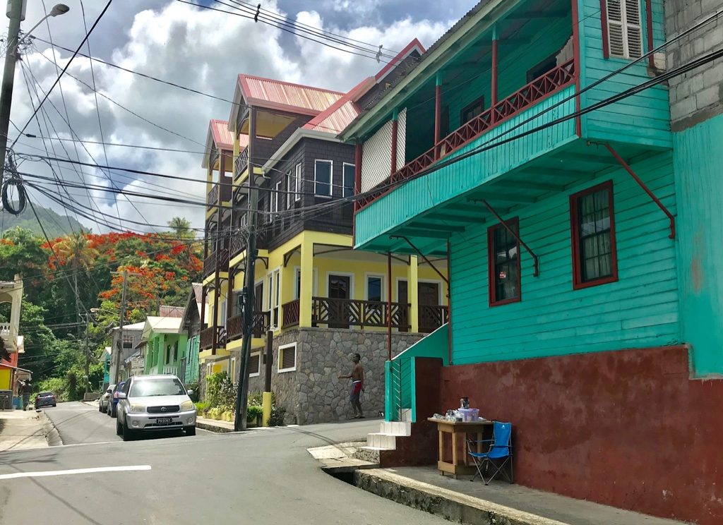 Colourful painted buildings on a street in Soufriere St Lucia