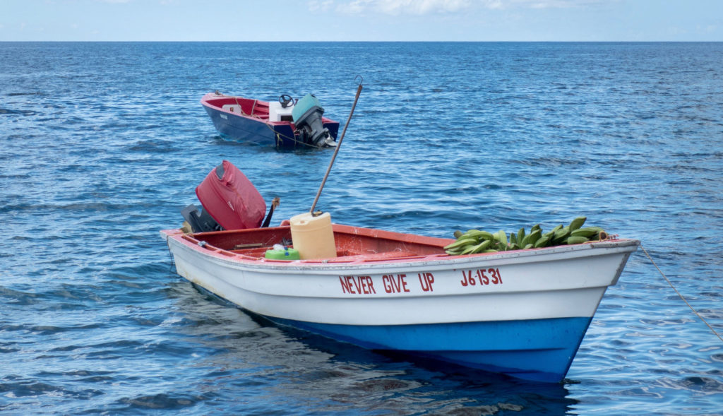 Two fishing boats painted blue, white and red on a blue Caribbean sea. The boat in the foreground has a pile of bananas at its bow and on the side is written "never give up" in red letters