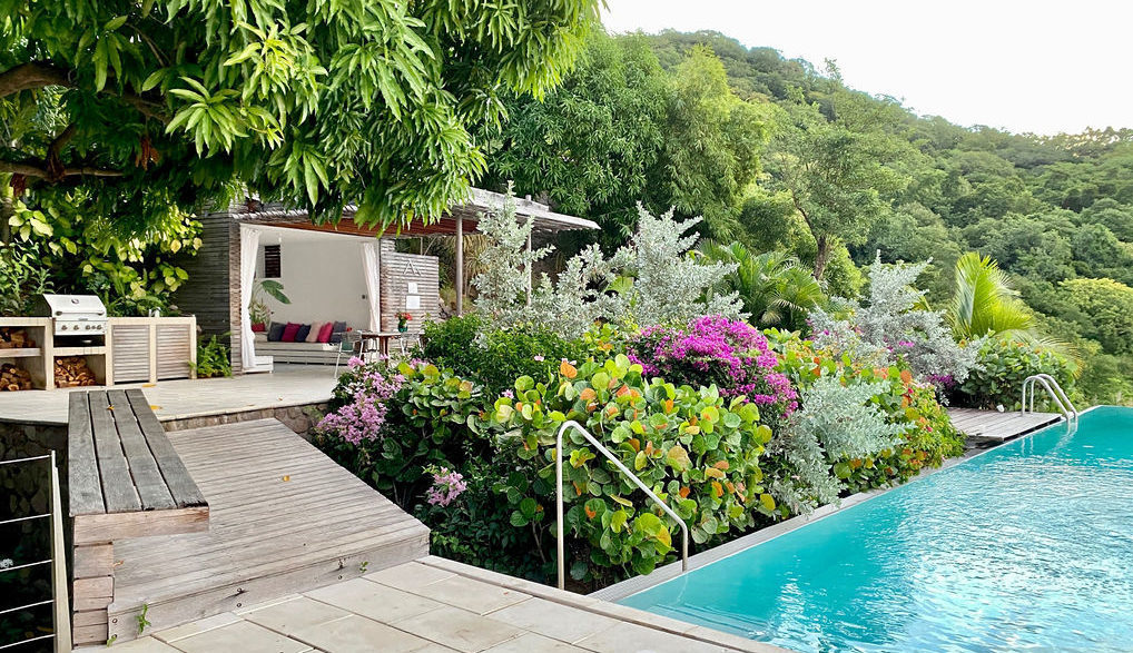 Lush tropical rainforest surrounds Cosmos St Lucia, while the garden runs throughout the living spaces. This view shows the open air Pavilion Lounge, terraces, part of the garden and the pool