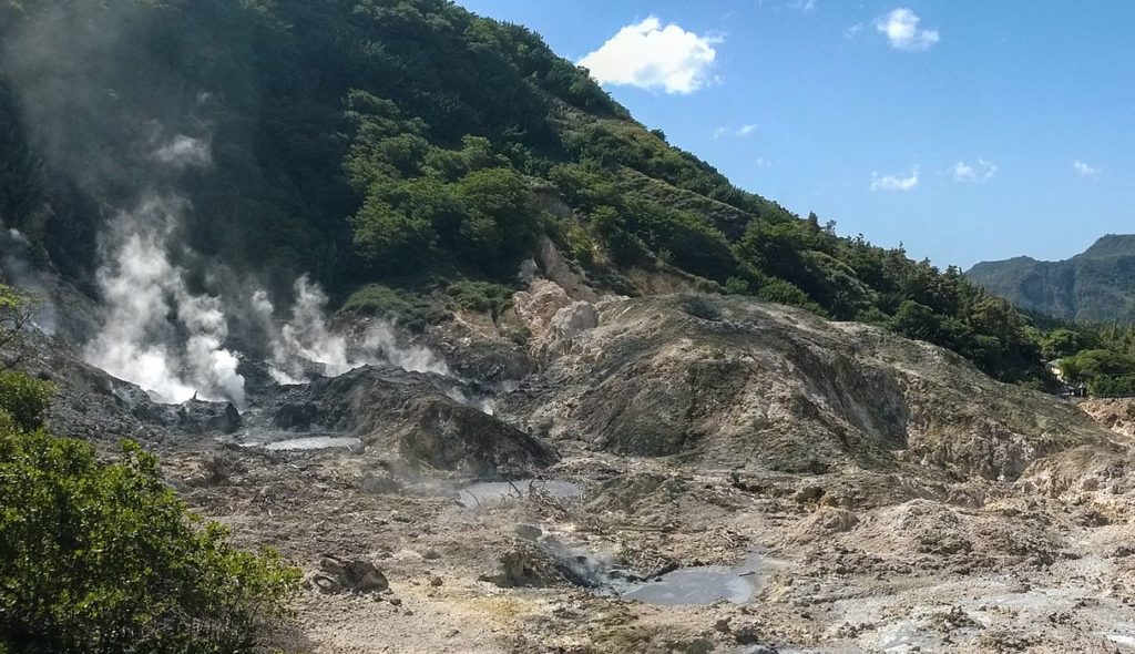 Sulphur Springs geothermal area near Soufrière, Saint Lucia showing hot pools and steaming fumaroles